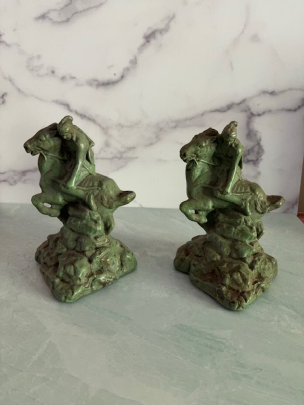 Vintage 1930s ARMOR BRONZE Bookend Pair Native American Rider Horse Bow